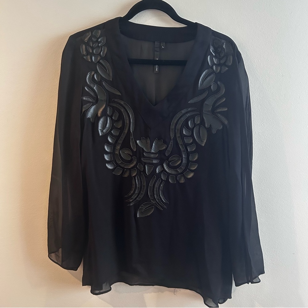 Chic Sheer Black Blouse with Embroidered Design, Kay Celine, Size L